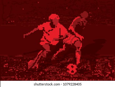 Football Soccer Players and Ball with Red Pixel Background in Vector Illustration