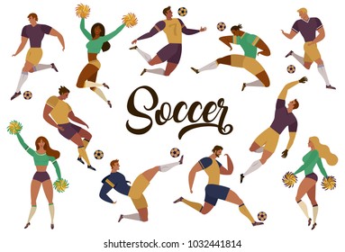 Football soccer players cheerleaders fans set of isolated human figures with merch marks of favourite team vector illustration