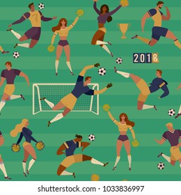 Football soccer players cheerleaders fans set of isolated human figures with merch marks of favourite team Seamless pattern illustration