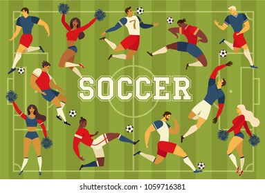 Football soccer players cheerleaders fans on soccer field vector illustration.