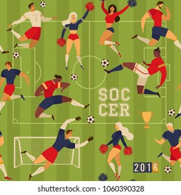 Football soccer players and cheerleaders fans set. Vintage design. Retro style. Seamless pattern illustration.
