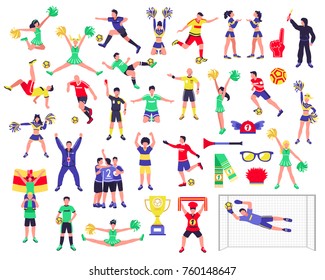 Football soccer players cheerleaders fans set of isolated human figures with merch marks of favourite team vector illustration