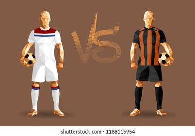 Football, Soccer players holding vintage footballs, representing two opposing teams, standing isolated with a flat background behind them and a versus sign between them, vector illustration 