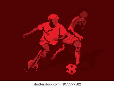 Football Soccer Players Kicking a Ball in Pixel Vector Illustration with Red Background