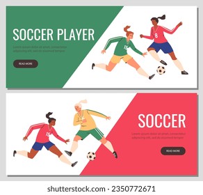 Football soccer players match flyers tamplate set. Women athletes fighting, kicking ball. Dynamic poses, different colors uniform. Olympic sports game competition, workout. Vector cartoon illustration