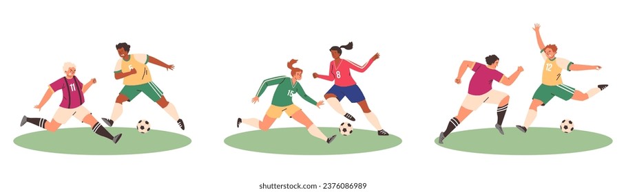 Los futbolistas juegan. Hombres y mujeres atletas peleando, pateando pelota. Postas dinámicas, diferentes colores uniformes. Competencia de deportes olímpicos. Conjunto de ilustraciones aisladas de dibujos animados