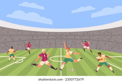 Football soccer players match at the stadium. Men athletes fighting, kicking ball. Dynamic poses, different colors uniform. Olympic sports game competition. Vector cartoon illustration