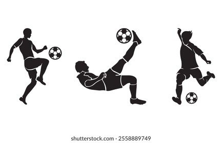 Football Soccer Players Silhouettes icon Set, Various Kick Action Vector.