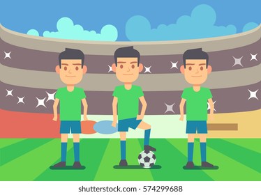 Football, soccer players vector illustration. Football team on championship arena