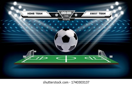 Football or soccer playing field with ball and scoreboard. Sport Game. Football stadium spotlight background vector illustration.