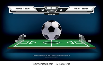 Football or soccer playing field with ball and scoreboard. Sport Game. Football stadium spotlight background vector illustration.