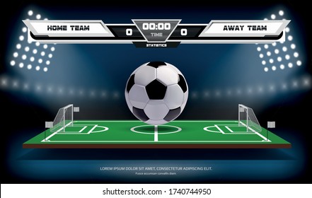 Football or soccer playing field with ball and scoreboard. Sport Game. Football stadium spotlight background vector illustration.