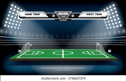 Football or soccer playing field with scoreboard. Sport Game. Football stadium spotlight background vector illustration.