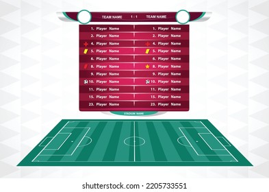 Football or soccer playing field with set of infographic elements. Sport Game. Sport League. Sport Tournament. Vector illustration.