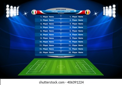 Football or soccer playing field with set of infographic elements. Vector illustration.