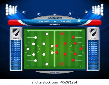 Football or soccer playing field with set of infographic elements. Vector illustration.