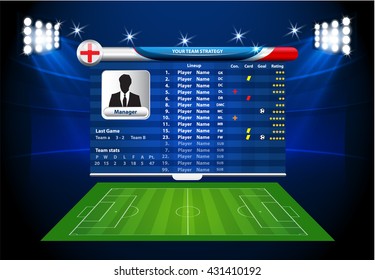 Football or soccer playing field with set of infographic elements. Vector illustration.