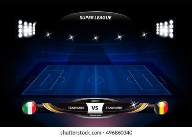 Football or soccer playing field with set of infographic elements. Vector illustration.