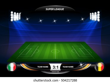 Football or soccer playing field with set of infographic elements. Vector illustration.