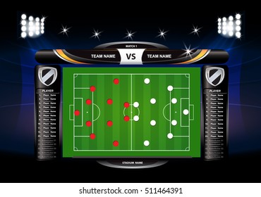 Football or soccer playing field with set of infographic elements. Vector illustration.