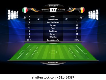 Football or soccer playing field with set of infographic elements. Vector illustration.