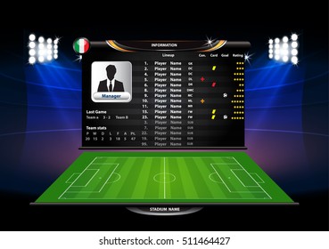 Football or soccer playing field with set of infographic elements. Vector illustration.