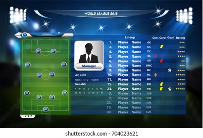 Football or soccer playing field with set of infographic elements. Vector illustration.