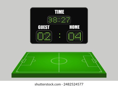 Football or soccer playing field. Sport Game. Football stadium spotlight and scoreboard background vector illustration