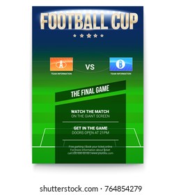 Football or soccer poster with text design. Template for game cup. Green field with flags of participating teams. Sport events design, ready for print. 3D illustration.