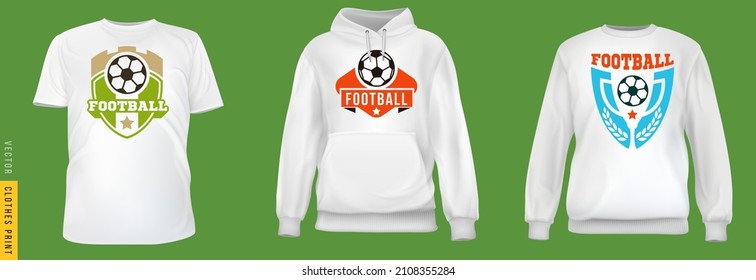 Huella de fútbol o de fútbol. Ponga realistas camisetas, sudaderas, telas base de caramelo aisladas en un simple fondo. Tragedia por marcar moda masculina o femenina. Diseñar plantilla casual. Ilustración vectorial 3d.