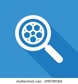 Football or Soccer Search Vector icon in Solid Long Shadow Style. a Magnifying glass with soccer ball is a symbol of Search or Zoom. Vector illustration icons can be used for apps, websites, or logo.