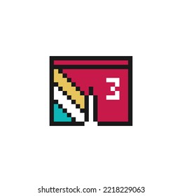 Football or soccer shorts icon in pixel art design isolated on white background.