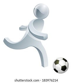 Football soccer silver man about to kick a soccer ball really hard