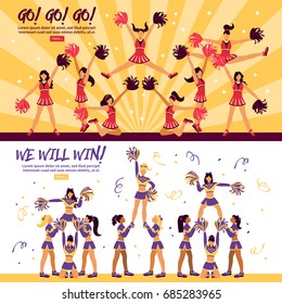 Football soccer sport clubs cheerleaders and supporters  information 3 flat horizontal banners webpage design isolated vector illustration