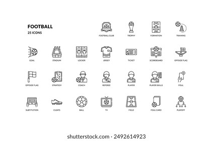 football soccer sport game competition detailed outline line icon set