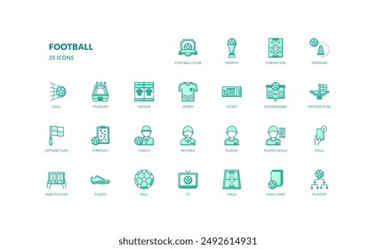 football soccer sport game competition detailed green filled line icon set