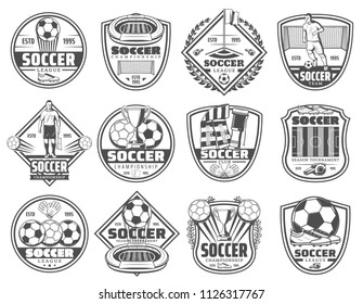 Football or soccer sport heraldic shields and icons. Football game player with soccer ball and trophy cup, stadium and field, goal gate for championship and sports label design