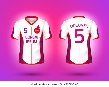 Football, soccer sport t-shirt uniform mockup. White apparel with purple lines, number and brand, logo signs. Sport wear clothing fashion design. Realistic 3d clothes. Vector illustration