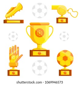 El fútbol de fútbol premia a los bailes dorados de recompensa, silbato, zapato de guante para el mejor entrenador de primer jugador, árbitro, portero del equipo. Pedestal con taza. Icono moderno de ilustración vectorial plana en negro