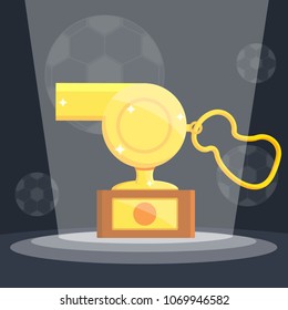 Football soccer sports awards gold golden reward whistle for best top referee coach night concept. Incident light in dark night on pedestal with cup. Modern flat  vector illustration icons on black