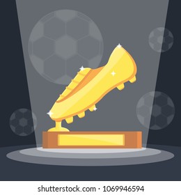 Football soccer sports awards gold reward european shoe boot for best top first player night concept. Incident light in dark night on pedestal with cup. Modern flat  vector illustration icons on black