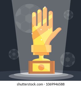 Football soccer sports awards golden reward glove for best top first goalkeeper keeper night concept. Incident light in dark night on pedestal with cup. Modern flat  vector illustration icons on black