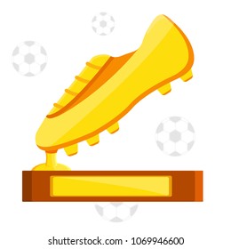 Football soccer sports awards premium prize gold reward european shoe boot for best top first player night concept. Shiny wood  pedestal with cup. Modern flat  vector illustration icons on black