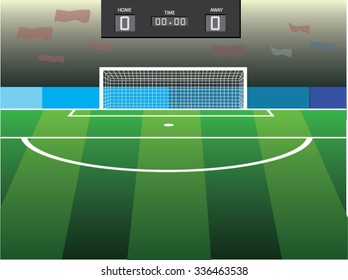 Football or Soccer Stadium ,field ,goal post ,and score board. 