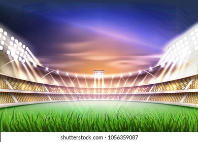 Football soccer stadium tribune backgroud with realistic green grass field playground, illuminated by 3d spotlight. Match championship competition arena for sport events. Vector illustration