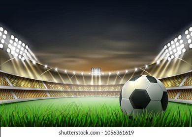 Football soccer stadium tribune backgroud with ball at realistic green grass field playground, illuminated by 3d spotlight. Match championship competition arena for sport events. Vector illustration