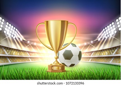 Football soccer stadium tribune backgroud with ball, golden cup trophy at realistic green grass field playground, illuminated spotlight. Match championship arena for sport events. Vector illustration