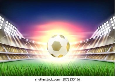 Football soccer stadium tribune backgroud with ball at realistic green grass field playground, illuminated by 3d spotlight. Match championship competition arena for sport events. Vector illustration