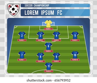 Football Or Soccer Starting Lineup With Editable Arrangement Of Players. Vector Illustration.