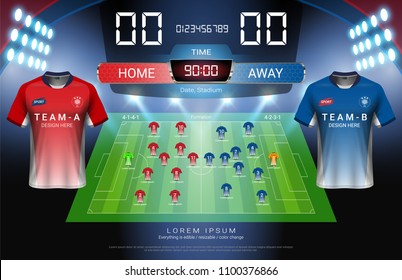Football or soccer starting lineup, Jersey uniforms and Digital timing scoreboard match vs strategy broadcast graphic template for presentation score or game results (Vector file fully editable)